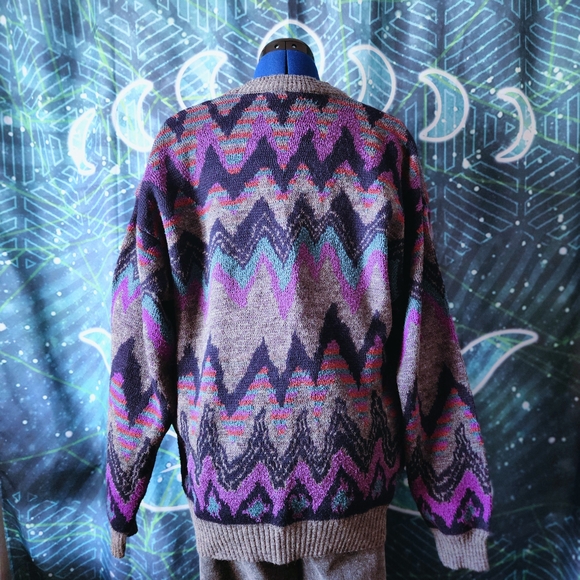 Vintage Jed Wear Abstract Knit Eclectic Grandpa V-neck Unisex Cardigan - Size L - Picture 2 of 9